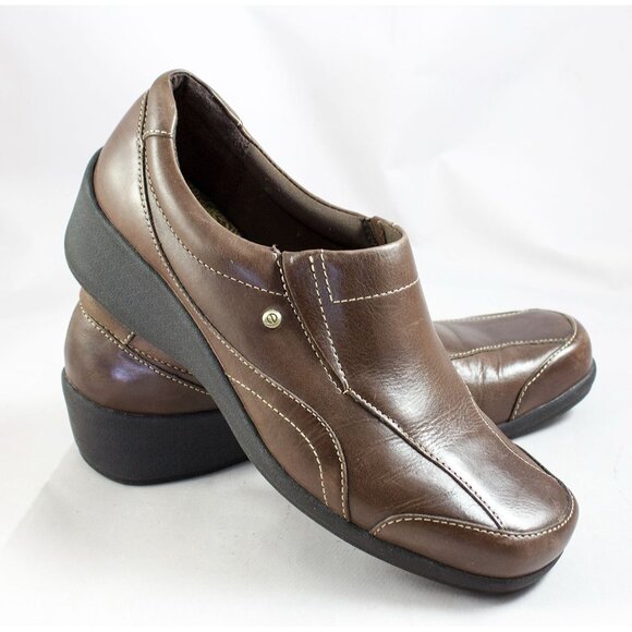 Eurostep Brown Leather Emma Womens Loafer Wedge Heel Slip On Elastic Insets Sz 9 - Picture 1 of 13